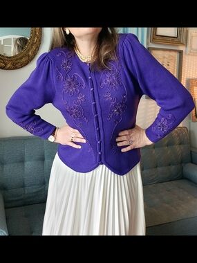 Vintage Mister Leonard Purple Embroidered Wool Cardigan